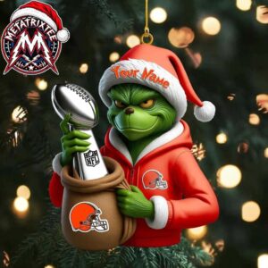 Cleveland Browns Grinch Santa Suit Holding Trophy With Bag Christmas Gifts Tree Decorations Ornament