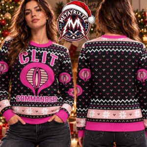 Clit Commander Funny Vulva Cobra Parody Pink Black Pattern Holiday Christmas Xmas Ugly Christmas Sweater
