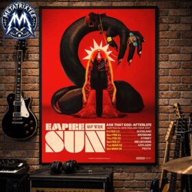 Empire of the Sun concert poster featuring a dramatic figure, giant serpent, and 2027 tour dates on red background.