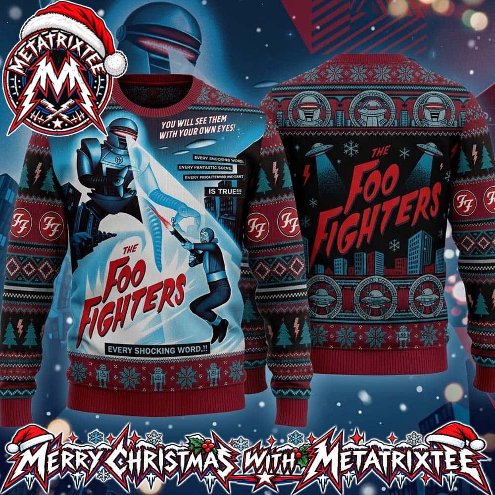 Foo Fighters Sci-Fi Robot Battle And UFO Edmonton Take Cover Tour 2026 Gift For Fan Knitted Ugly Christmas Sweater Foo Fighters Sci-Fi Robot Battle And UFO Edmonton Take Cover Tour 2026 Gift For Fan Knitted Ugly Christmas Sweater