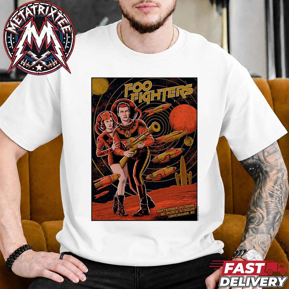 Foo Fighters Vancouver Take Cover Tour 2026 Show Poster Art By Pat Hamou For September 20 2026 In Canada At BC Place Short White T-Shirt Foo Fighters Vancouver Take Cover Tour 2026 Show Poster Art By Pat Hamou For September 20 2026 In Canada At BC Place Short White T-Shirt