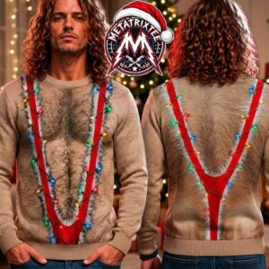 Funny Adult Humor Hairy Chest Fuzzy Trim Mankini Lights Holiday Christmas Xmas Ugly Christmas Sweater