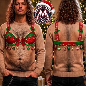Funny Hairy Chest Elf Bra Jingle Bells 2026 Knitted Ugly Christmas Sweater