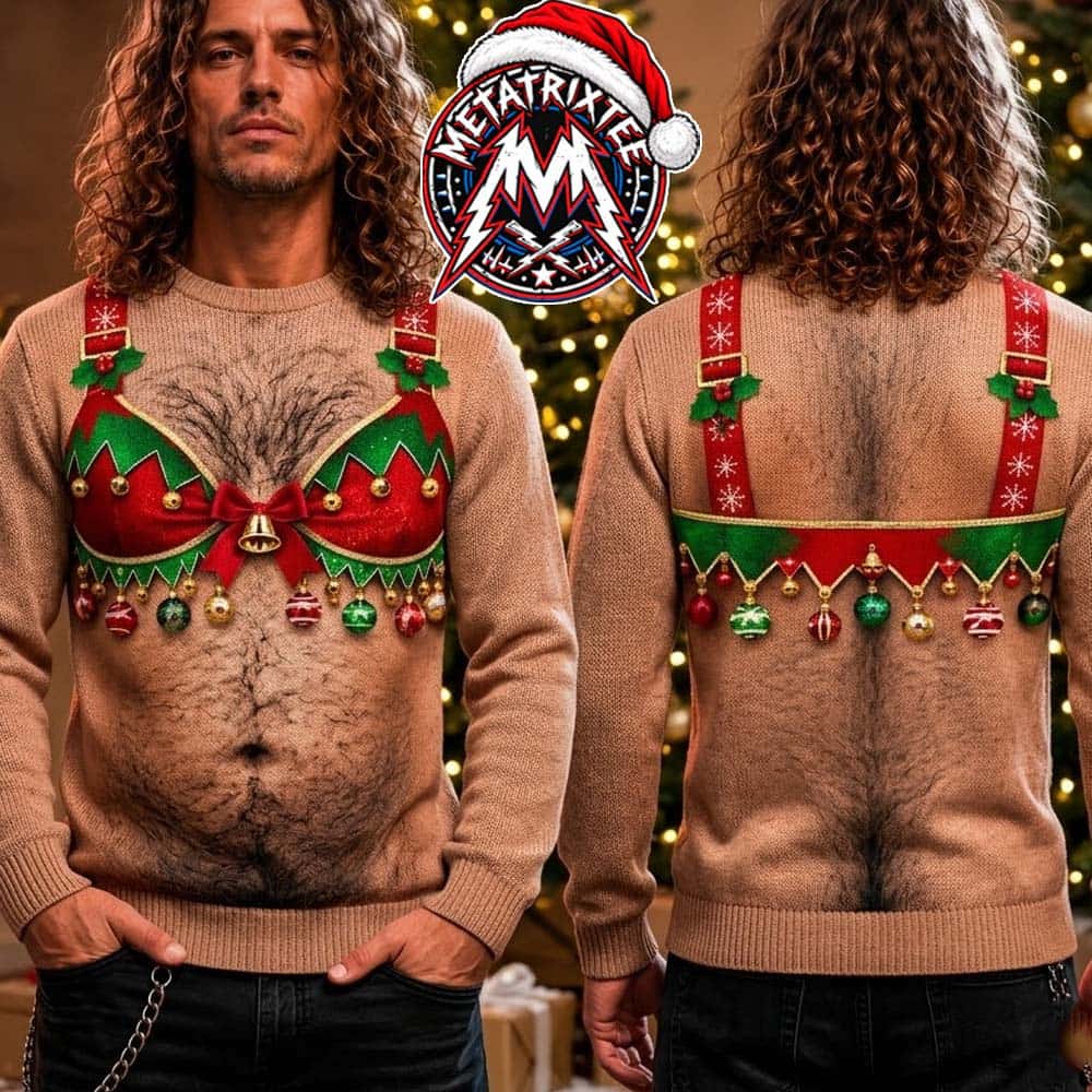 Funny Hairy Chest Elf Bra Jingle Bells 2026 Knitted Ugly Christmas Sweater Funny Hairy Chest Elf Bra Jingle Bells 2026 Knitted Ugly Christmas Sweater