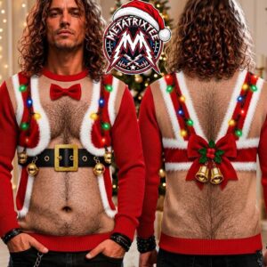 Funny Santa Suspenders Hairy Chest Red Bowtie Ugly Christmas Sweater Gift For Holiday 2026