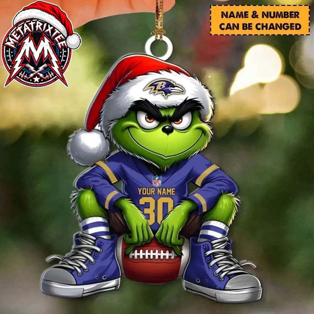 Grinch Baltimore Ravens Player Sitting on Football Custom Name Ornament Custom Your Family Name 2026 Grinch Baltimore Ravens Player Sitting on Football Custom Name Ornament Custom Your Family Name 2026
