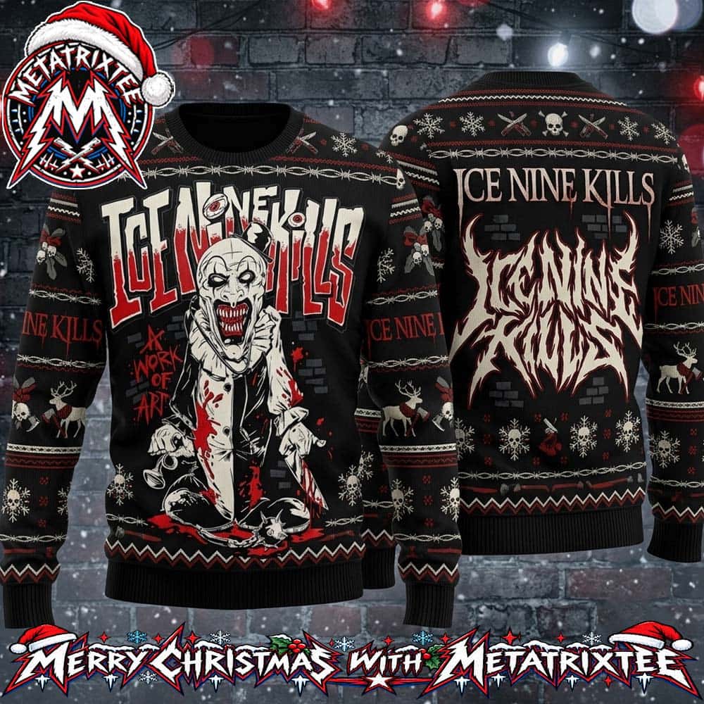 Ice Nine Kills Art The Clown Killer Graphic With Bloody Skull Knitted Pattern 2026 Knitted Ugly Christmas Sweater Ice Nine Kills Art The Clown Killer Graphic With Bloody Skull Knitted Pattern 2026 Knitted Ugly Christmas Sweater