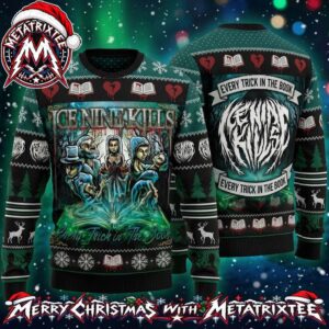 Ice Nine Kills Every Trick In The Book Album Artwork Horror Characters And Thorn Twig Logo Green Knitted 2026 Knitted Ugly Christmas Sweater