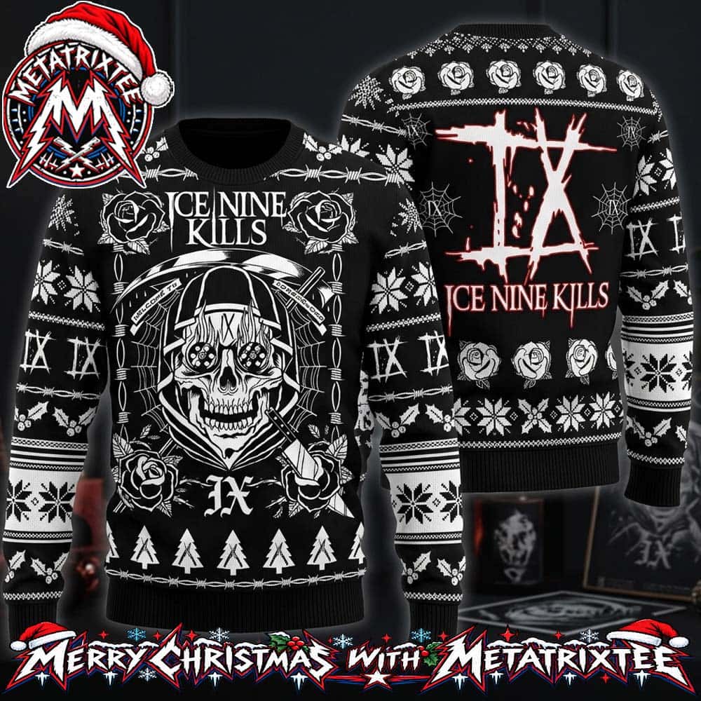 Ice Nine Kills Horrorwood Grim Reaper Skull Knife And IX Logo 2026 Knitted Ugly Christmas Sweater Ice Nine Kills Horrorwood Grim Reaper Skull Knife And IX Logo 2026 Knitted Ugly Christmas Sweater