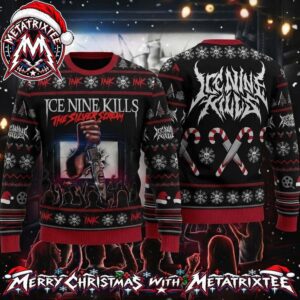 Ice Nine Kills The Silver Scream Album Movie Theater Slasher Knife Candy Cane 2026 Knitted Ugly Christmas Sweater