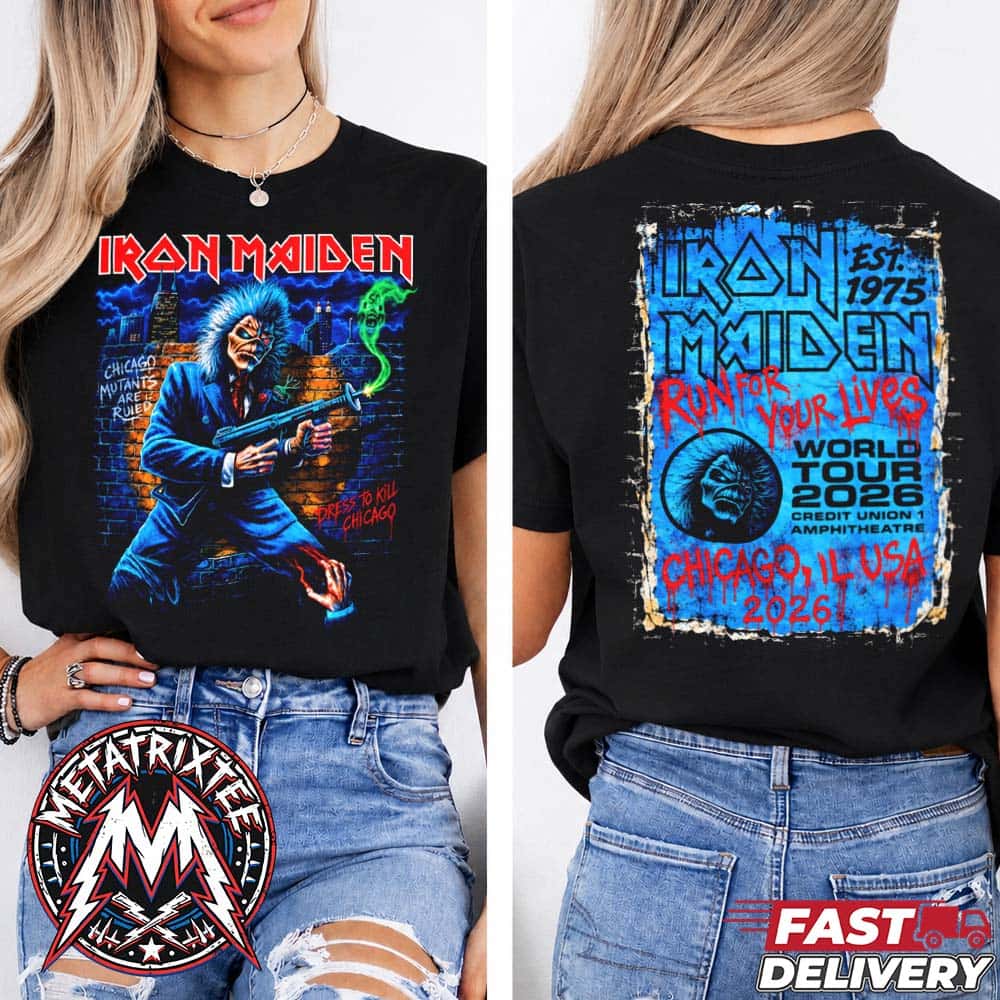 Iron Maiden Chicago Run For Your Lives World Tour 2026 Show Tee For September 22 At The Credit Union 1 Amphitheatre In Tinley Park Illinois Two Sided T-Shirt Iron Maiden Chicago Run For Your Lives World Tour 2026 Show Tee For September 22 At The Credit Union 1 Amphitheatre In Tinley Park Illinois Two Sided T-Shirt