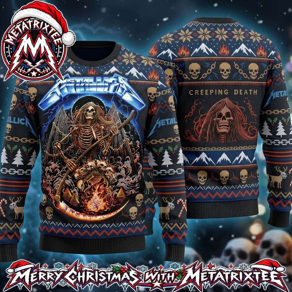 Metallica Creeping Death Grim Reaper Skeleton With Wings And Pyramids 2026 Knitted Ugly Christmas Sweater Metallica Creeping Death Grim Reaper Skeleton With Wings And Pyramids 2026 Knitted Ugly Christmas Sweater