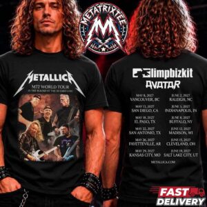 Metallica M72 North America World Tour 2027 With 12 Shows Limp Bizkit And Avatar Kicks Off May 8 To June 19 Two Sided Black T-Shirt