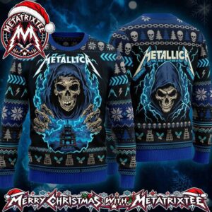 Metallica Ride The Lightning Grim Reaper Skull Electric Chair Lightning Pattern 2026 Knitted Ugly Christmas Sweater