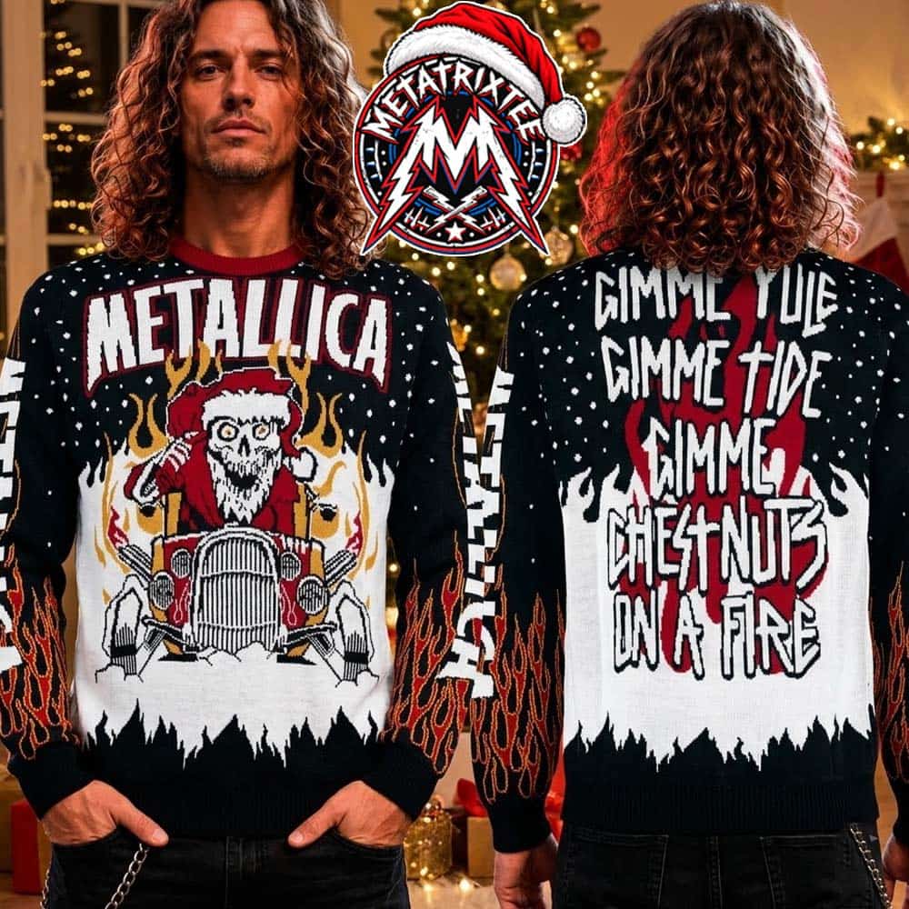 Metallica Santa Skull Hot Rod Gimme Yule Fire 2026 Knitted Ugly Christmas Sweater Metallica Santa Skull Hot Rod Gimme Yule Fire 2026 Knitted Ugly Christmas Sweater