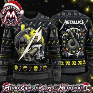 Metallica Snake Skull And Blackened Whiskey Bottle 72 Seasons Yellow Black Knitted Ugly Christmas Sweater