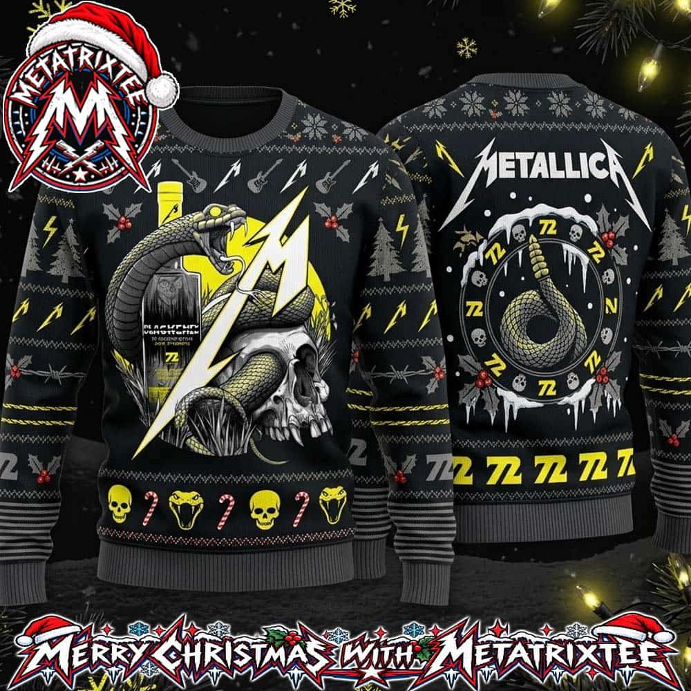 Metallica Snake Skull And Blackened Whiskey Bottle 72 Seasons Yellow Black Knitted Ugly Christmas Sweater Metallica Snake Skull And Blackened Whiskey Bottle 72 Seasons Yellow Black Knitted Ugly Christmas Sweater