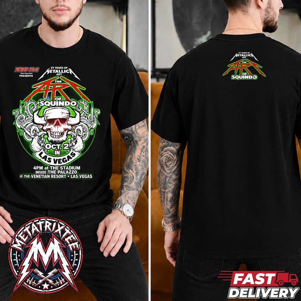 Metallica The Art of Squindo Poster For Las Vegas Nevada On October 2 2026 Celebrating 27 Years of Metallica Art Two Sided Short Black T-Shirt Metallica The Art of Squindo Poster For Las Vegas Nevada On October 2 2026 Celebrating 27 Years of Metallica Art Two Sided Short Black T-Shirt