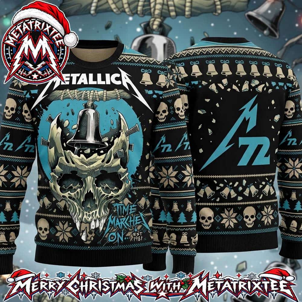 Metallica Time Marches On Bell Skull And M72 Logo 2026 Knitted Ugly Christmas Sweater Metallica Time Marches On Bell Skull And M72 Logo 2026 Knitted Ugly Christmas Sweater