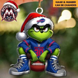 NFL Buffalo Bills Grinch In Santa Hat Sitting On Football Custom Name Number XMAS 2026 Holiday Ornament