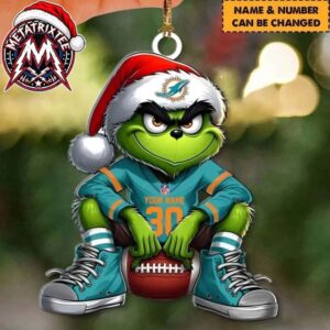 NFL Miami Dolphins Grinch In Santa Hat Sitting On Football Custom Name Number XMAS 2026 Holiday Ornament