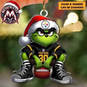 NFL Pittsburgh Steelers Grinch Sitting On Football With Santa Hat Ornament Custom Your Family Name 2026