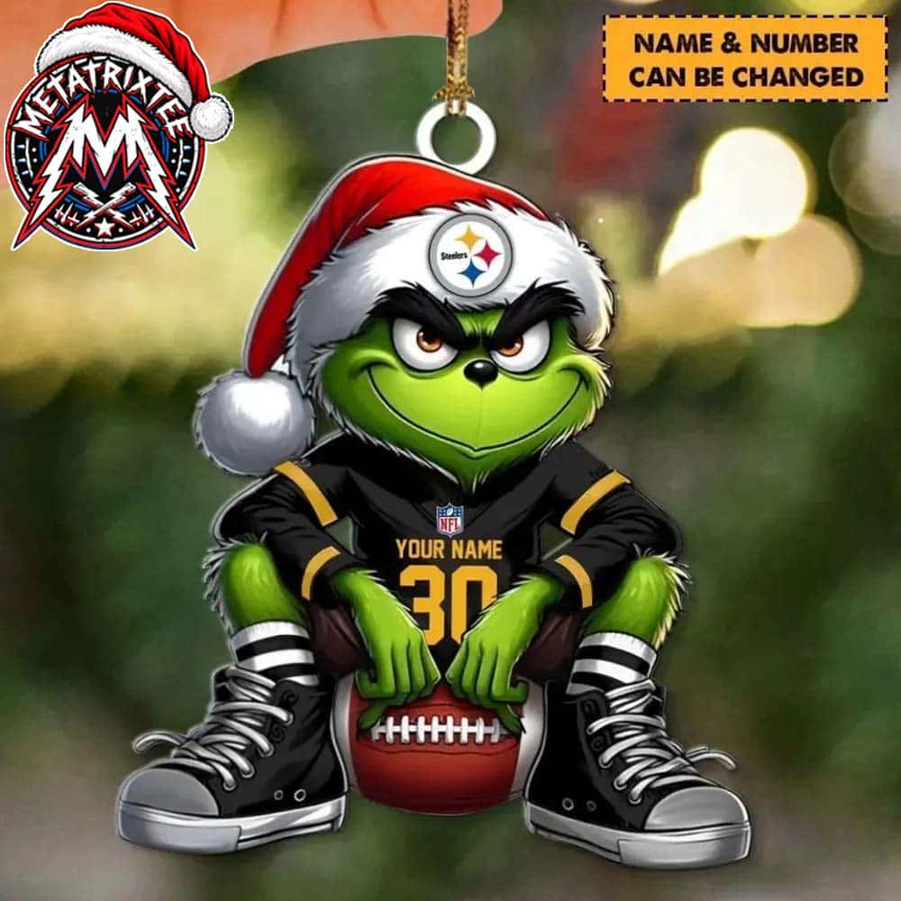 NFL Pittsburgh Steelers Grinch Sitting On Football With Santa Hat Ornament Custom Your Family Name 2026 NFL Pittsburgh Steelers Grinch Sitting On Football With Santa Hat Ornament Custom Your Family Name 2026