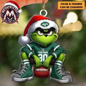 New York Jets Grinch Sitting On Football Jersey Number Personalized 2026 Tree Decoration Holiday Christmas Ornament