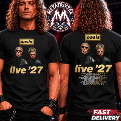 Front and back view of a black Oasis Live '27 T-shirt featuring Gallagher portraits and tour dates.