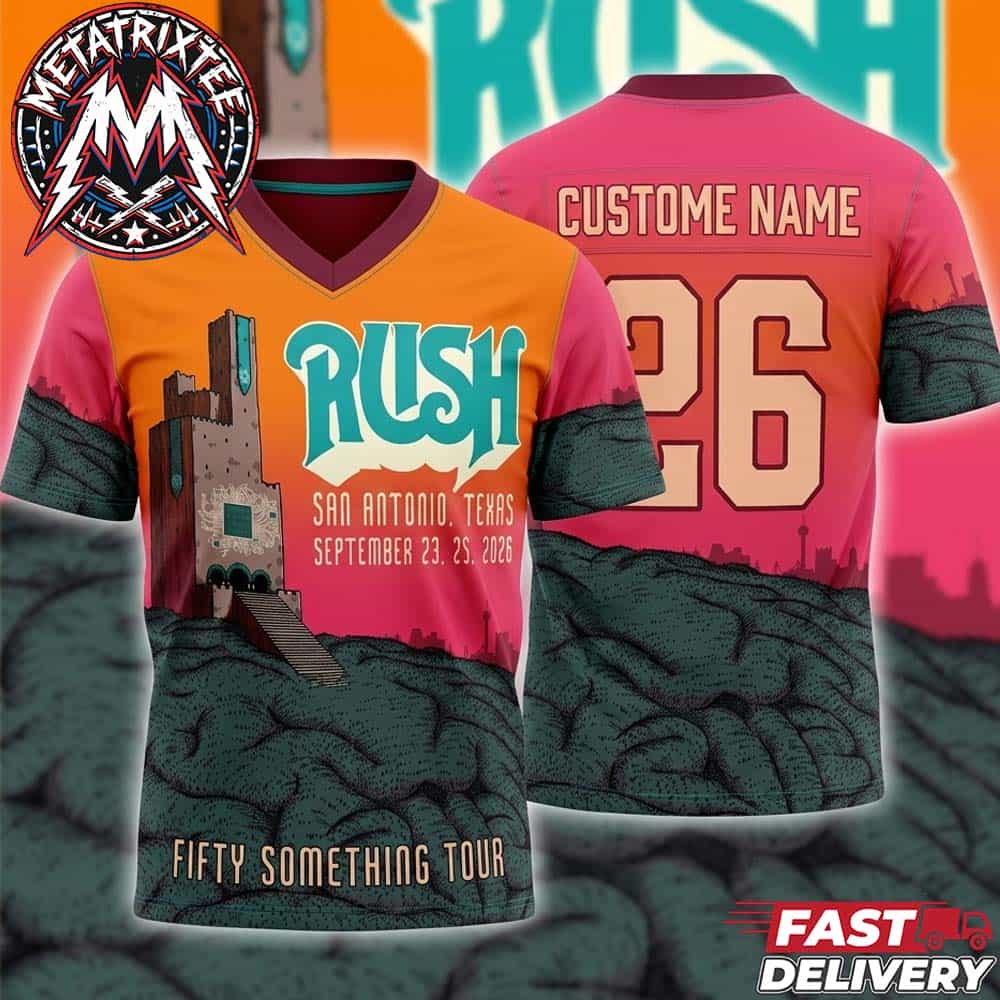 On September 23 And 25 2026 Rock Band RUSH Show Tonight In San Antonio Texas At Frost Bank Center Fifty Something Tour Shirt Football Jersey On September 23 And 25 2026 Rock Band RUSH Show Tonight In San Antonio Texas At Frost Bank Center Fifty Something Tour Shirt Football Jersey