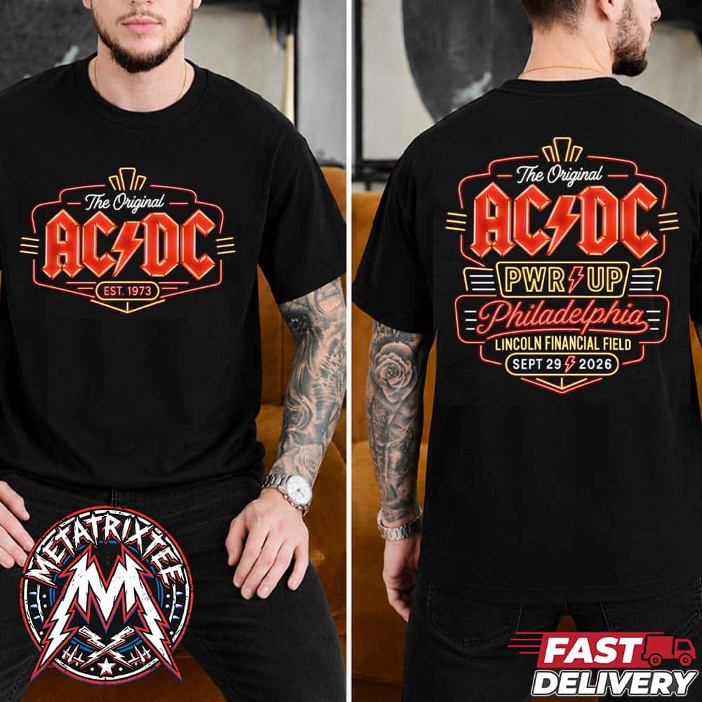 Philadelphia PWR UP Tour 2026 Merch Tee For ACDC In Pennsylvania At Lincoln Financial Field On September 29 2026 Two Sided Black T-Shirt Philadelphia PWR UP Tour 2026 Merch Tee For ACDC In Pennsylvania At Lincoln Financial Field On September 29 2026 Two Sided Black T-Shirt