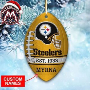 Pittsburgh Steelers Football Shape With Helmet Est 1933 Custom Name Ornament