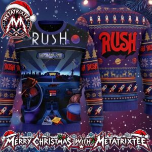 RUSH Band Sci Fi Car Dashboard Cleveland Skyline Space Rocket Fair Isle Pattern 2026 Gift For Fan Knitted Ugly Christmas Sweater