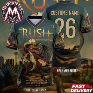 RUSH Fifty Something Tour 2026 In San Antonio Texas Artwork Poster For September 23 And September 25 At The Frost Bank Center Shirt Football Jersey