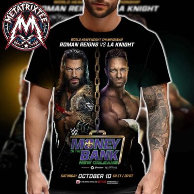 Roman Reigns and LA Knight faceoff graphic print on black WWE Money in the Bank all over print t-shirt
