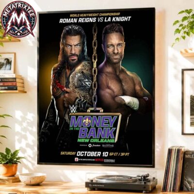 WWE Money in the Bank poster featuring Roman Reigns and LA Knight split by a suspended briefcase chain.