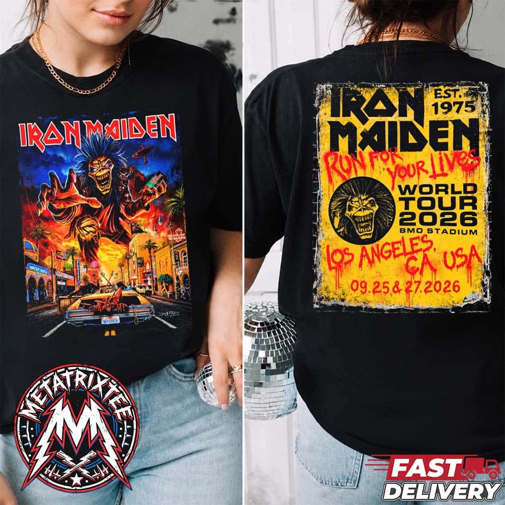 Run For Your Lives 2026 Los Angeles CA Tee Iron Maiden Live Show At The BMO Stadium On September 25 And September 27 2026 Two Sided Short T-Shirt Run For Your Lives 2026 Los Angeles CA Tee Iron Maiden Live Show At The BMO Stadium On September 25 And September 27 2026 Two Sided Short T-Shirt