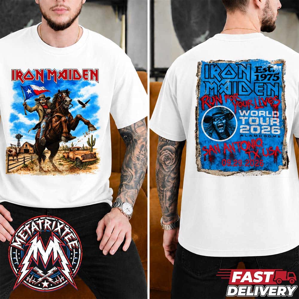Run For Your Lives 2026 Tour San Antonio Tee For Iron Maiden Celebrating 50th Anniversary In Texas At Alamodome On September 29 2026 Two Sided White T-Shirt Run For Your Lives 2026 Tour San Antonio Tee For Iron Maiden Celebrating 50th Anniversary In Texas At Alamodome On September 29 2026 Two Sided White T-Shirt