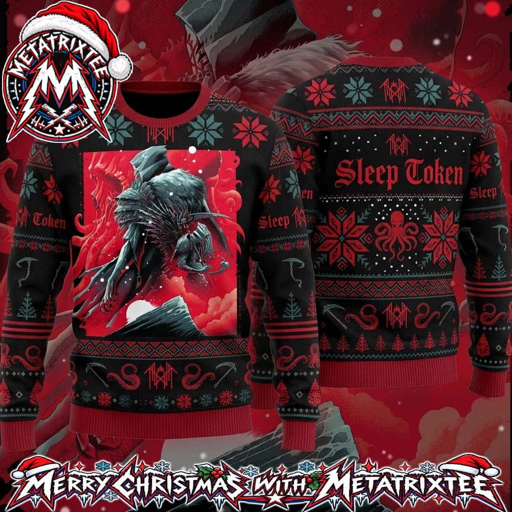 Sleep Token Masked Cloaked Reaper Eldritch Vessel Artwork Pattern 2026 Knitted Ugly Christmas Sweater Sleep Token Masked Cloaked Reaper Eldritch Vessel Artwork Pattern 2026 Knitted Ugly Christmas Sweater