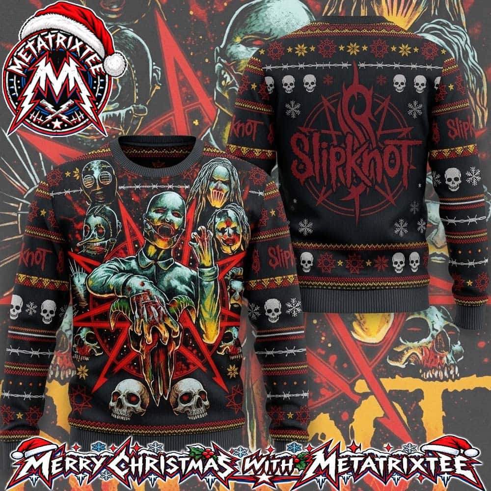 Slipknot Band Members Mask Nonagram Skull Barbed Wire Gift For Fan Knitted Ugly Christmas Sweater Slipknot Band Members Mask Nonagram Skull Barbed Wire Gift For Fan Knitted Ugly Christmas Sweater