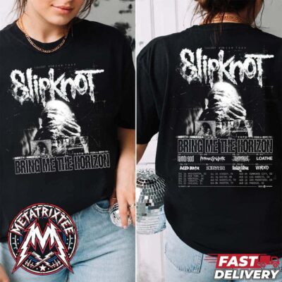 Black two-sided T-shirt featuring distressed Slipknot and Bring Me The Horizon tour graphics with masked portrait artwork and tour dates.