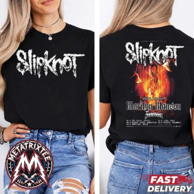 Black unisex T-shirt featuring a distressed white Slipknot logo on the front and a back graphic with tour dates, fiery artwork, Marilyn Manson, and Hatebreed.