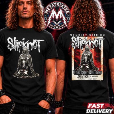 Black concert t-shirt displaying a hooded figure and Slipknot logo on the front with a 2027 Wembley Stadium bill poster on the back.