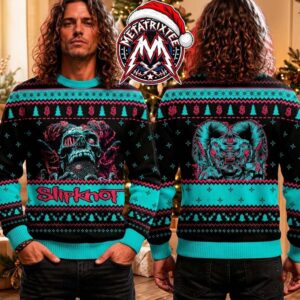 Slipknot With Cybernetic Skull And Horned Baphomet Goat Head Knitted Graphics 2026 Knitted Ugly Christmas Sweater