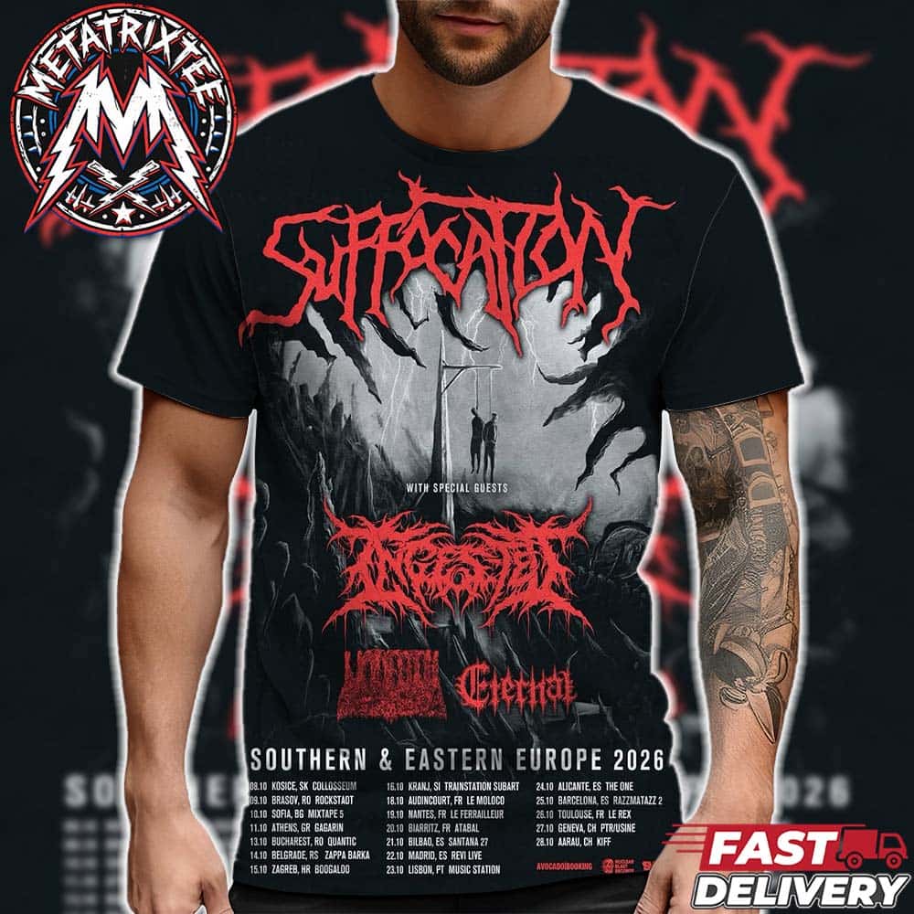 Suffocation Southern And Eastern Europe Tour 2026 Start October 8 In Kosice SK To October 28 In Aarau CH All Over Print T-Shirt Suffocation Southern And Eastern Europe Tour 2026 Start October 8 In Kosice SK To October 28 In Aarau CH All Over Print T-Shirt