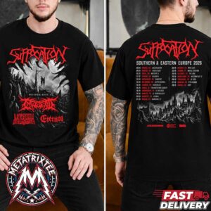 Suffocation Southern And Eastern Europe Tour 2026 Start October 8 In Kosice SK To October 28 In Aarau CH Two Sided Black T-Shirt