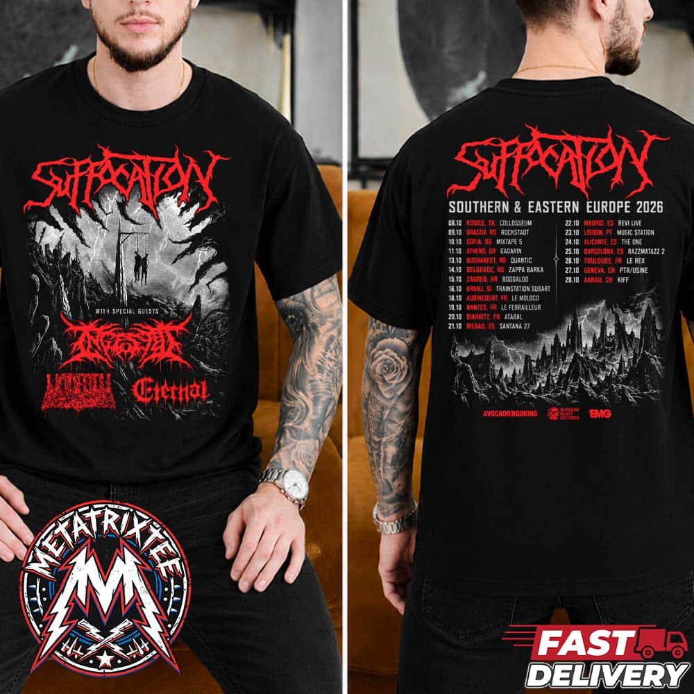 Suffocation Southern And Eastern Europe Tour 2026 Start October 8 In Kosice SK To October 28 In Aarau CH Two Sided Black T-Shirt Suffocation Southern And Eastern Europe Tour 2026 Start October 8 In Kosice SK To October 28 In Aarau CH Two Sided Black T-Shirt