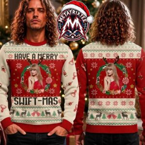 Taylor Swift Have A Merry Swift-Mas Reindeer Wreath Pattern 2026 Knitted Ugly Christmas Sweater