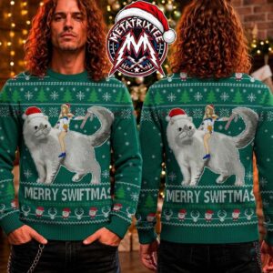 Taylor Swift Riding Giant Cat Merry Swiftmas Pine Green Knitted Pattern 2026 Knitted Ugly Christmas Sweater