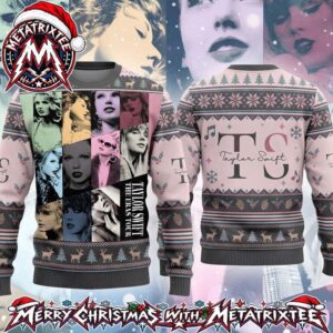 Taylor Swift The Eras Tour Artwork Back TS Script Logo Christmas Pine Trees Gift For Fan Knitted Ugly Christmas Sweater